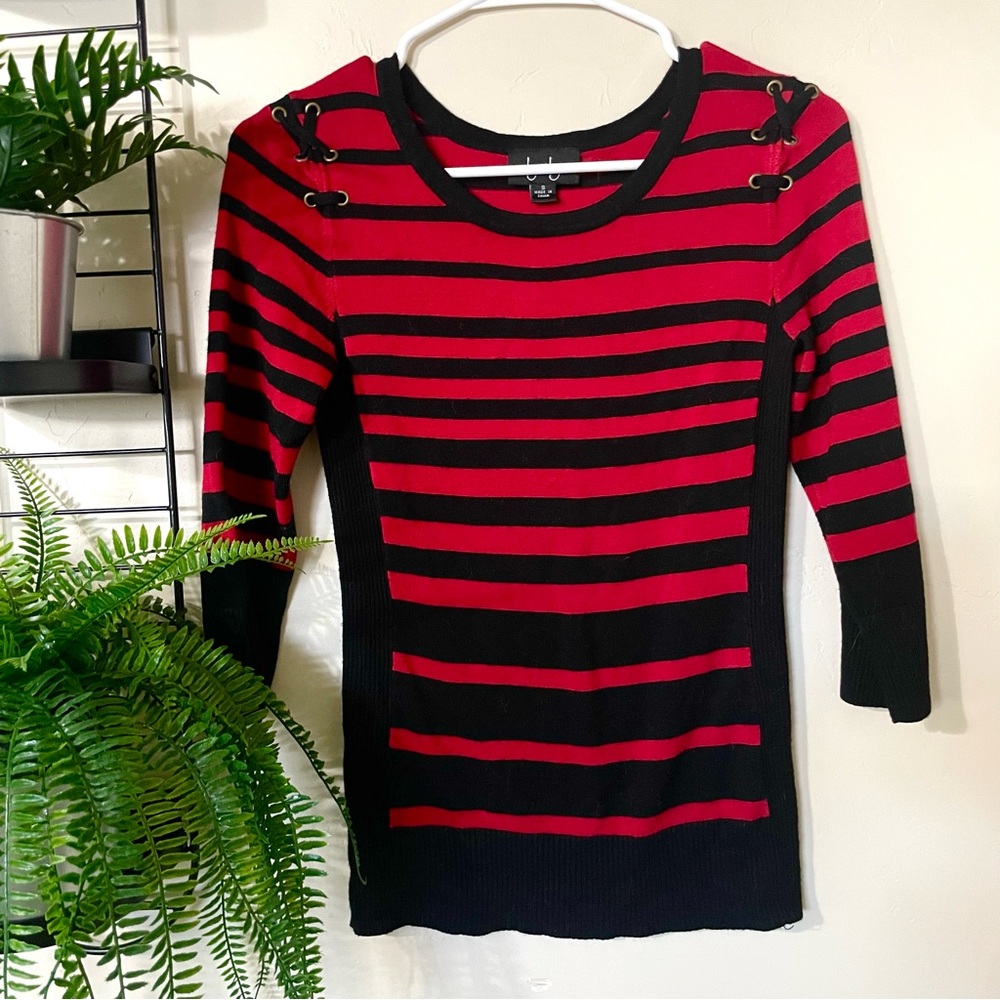 striped red and black quarter sleeve sweater with metal grommets